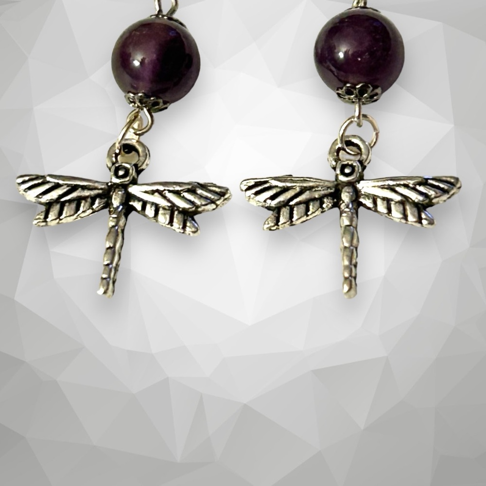 Hand Crafted Earrings Dragonfly Amethyst Dangle Silver Long Pierced